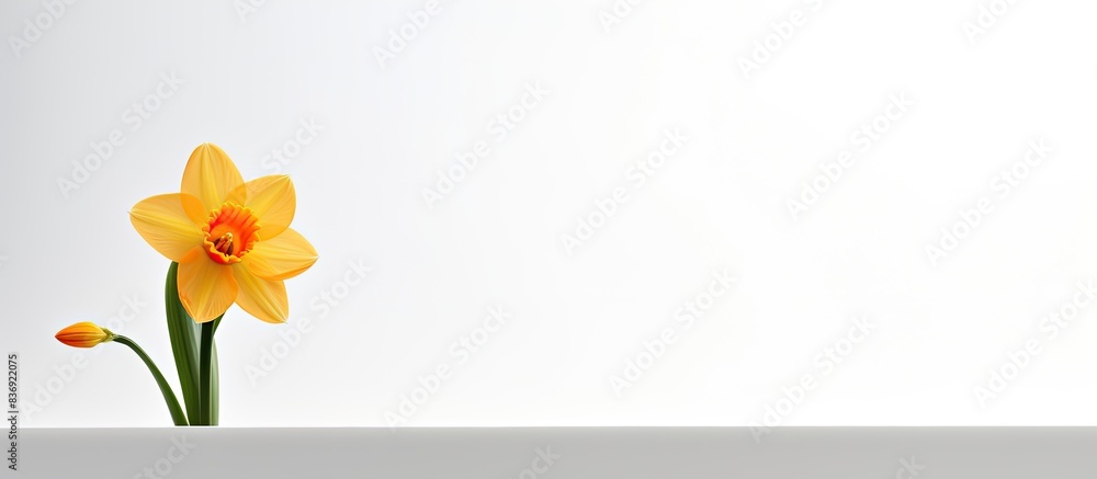 Poster stunning daffodil stands alone on a white backdrop, with copy space image available.
