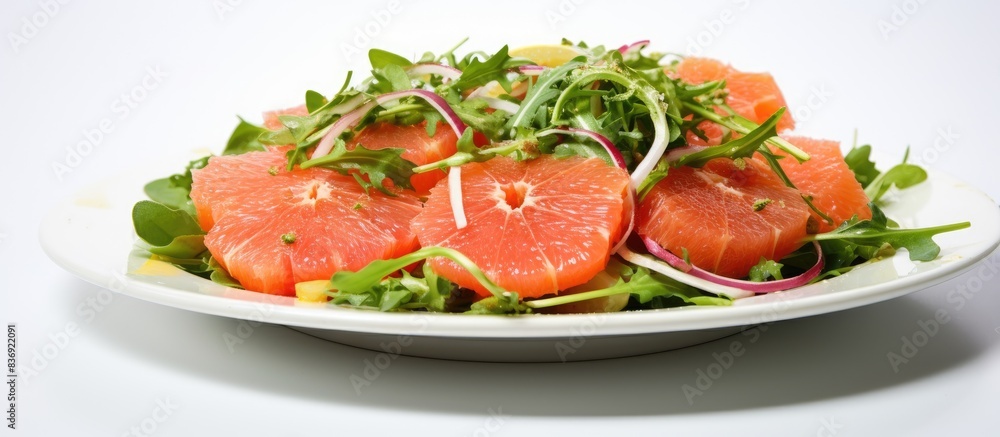 Poster tasty grapefruit salad on a plate with a white background, perfect for a copy space image.