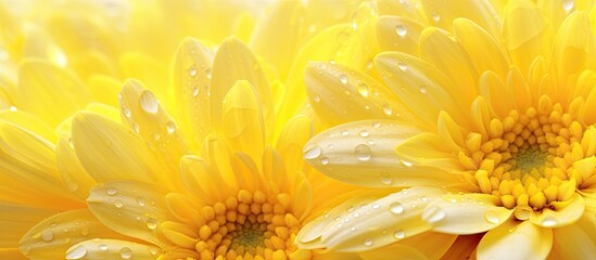 Close-up of yellow chrysanthemum petals with water droplets, showing copy space image.