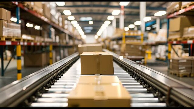 slow motion video of cardboard packages on a conveyor belt in a warehouse E-commerce