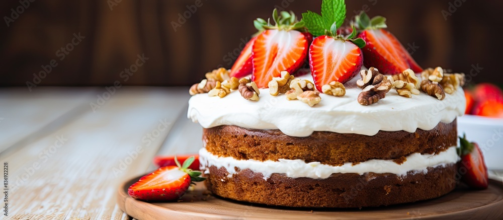 Poster a carrot cake adorned with fresh strawberries and walnuts on top of a cream cheese frosting with ici