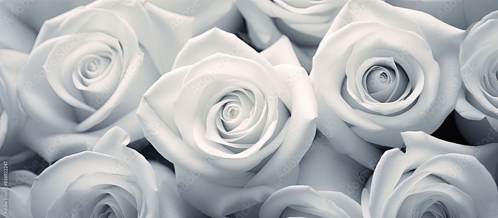 Poster close-up shot of a gray bouquet of fresh white roses with petals, creating a monochrome background s