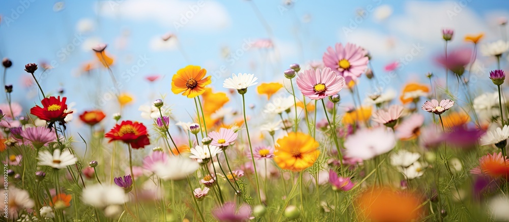Poster vibrant summer flowers in a field with a close-up copy space image.