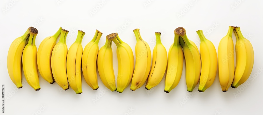 Poster Bananas arranged with copy space image on a white backdrop.