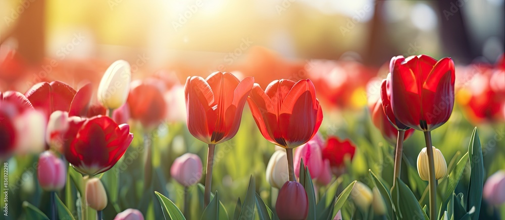 Poster vibrant red tulips blooming in the garden create a picturesque scene with a colorful display, perfec