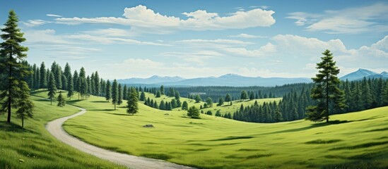 Meadow landscape with county road surrounded by tall pine trees, featuring a vast expanse of greenery and a winding road with copy space image.