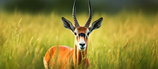 Antelope with elongated head against a backdrop of lush green grass in a meadow, providing ample copy space image.