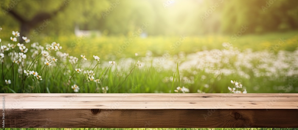 Poster A wooden desk featuring a spring landscape with grass blurred in the background, creating an attractive copy space image.