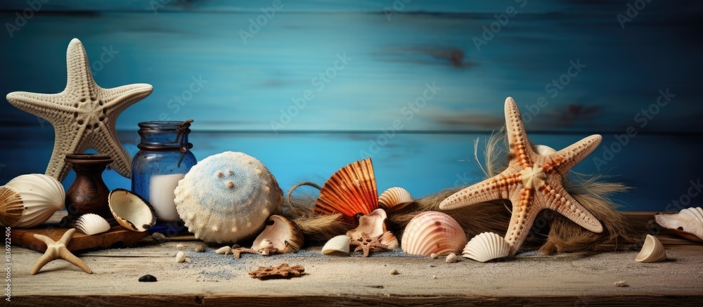 Poster Seaside-themed objects on a rustic table for a photography montage with copy space image.