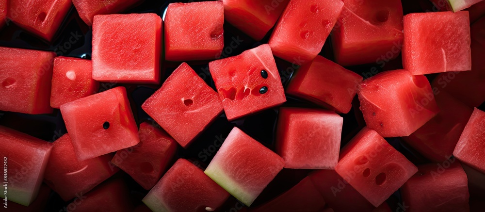 Poster Juicy watermelon slices and cubes displayed with copy space image, perfect for snacking.