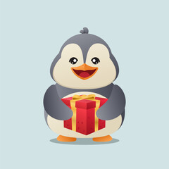 Cute little penguin character with a happy smile is holding a gift box