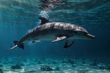 Fototapeta premium Beautiful underwater scene with dolphin, wide panoramic banner with copy space or web site header. 8k
