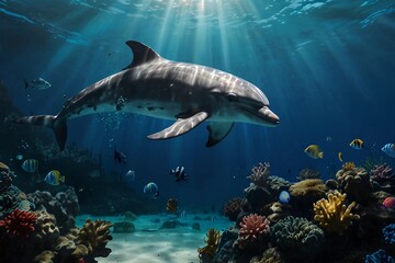 Beautiful underwater scene with dolphin, wide panoramic banner with copy space or web site header....