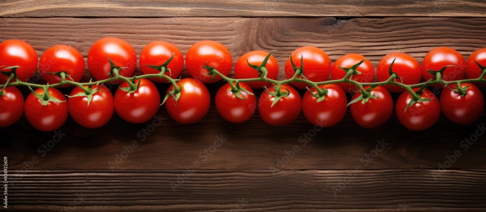 Poster cherry tomatoes creatively arranged on a wooden table with copy space image.