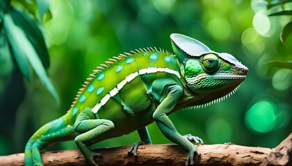 Fototapeta premium Beautiful green chameleon in African jungle 
