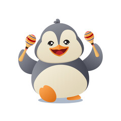 Cute little penguin character with a happy smile is holding maracas