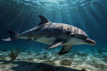 Fototapeta premium Beautiful underwater scene with dolphin, wide panoramic banner with copy space or web site header. 8k