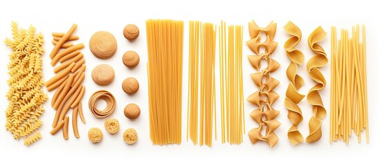 Classic durum wheat pasta isolated on white background. Food and drink concept - various uncooked pasta on white background. Variety of types and shapes of dry Italian pasta.