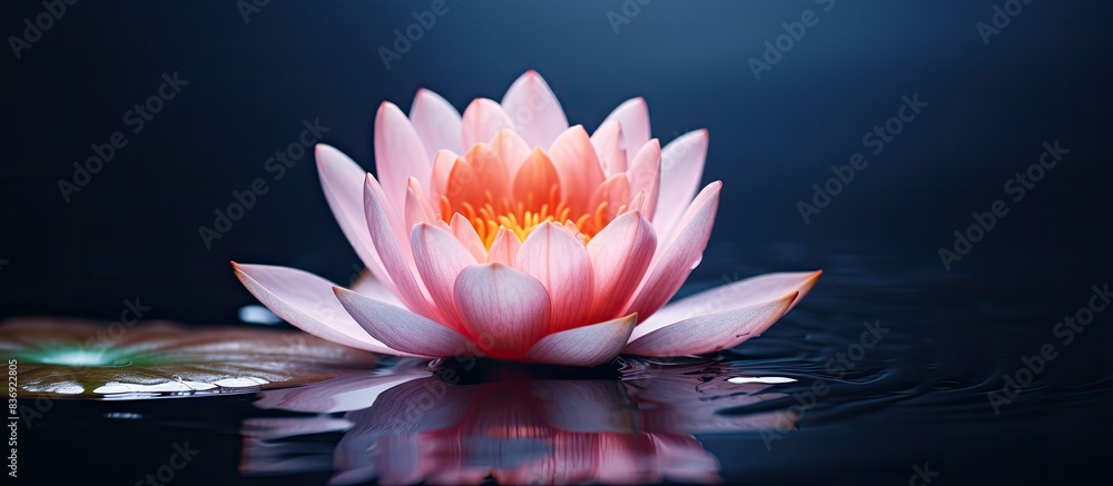 Poster Capture the serene beauty of a lotus flower against a dark background in a photo with instant styling suitable for a copy space image.