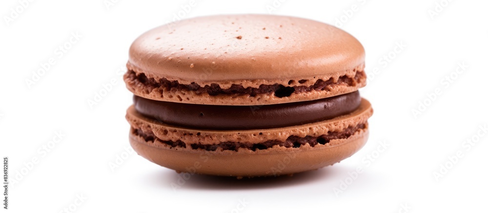 Poster a delectable chocolate macaron or macaroon pastry. a delightful french treat displayed on a white ba
