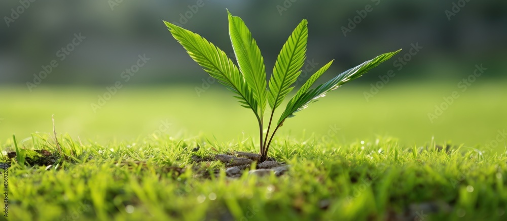 Poster Palm tree sapling placed on lush green grass, with a clear area around it for additional design or text in a copy space image.