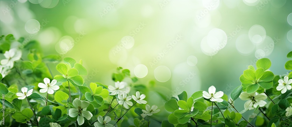 Poster Backdrop of small flowers and green leaves creating a fresh nature scene with a background suitable for a copy space image.