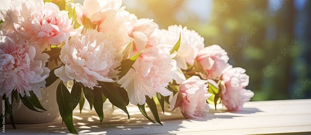 Poster beautiful bridal bouquet made of peonies displayed on a table with a bright sunlight shining on it, 