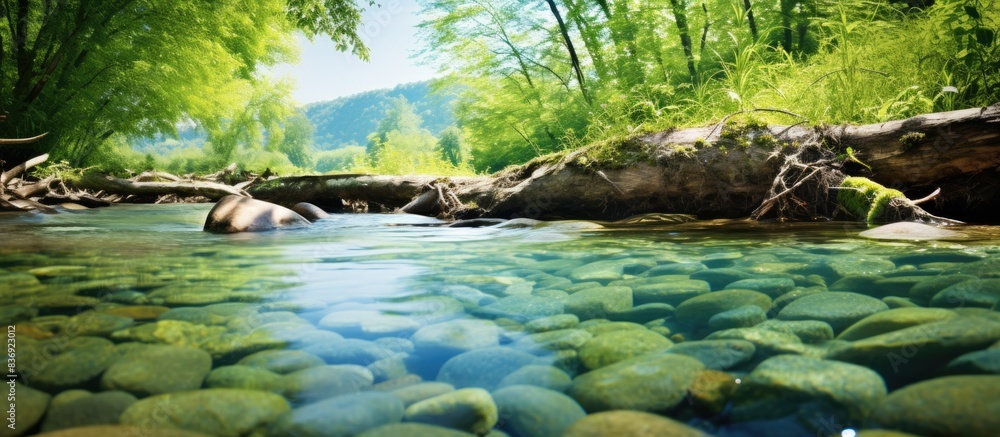 Poster the bubbling stream of clear water with a beautiful copy space image.