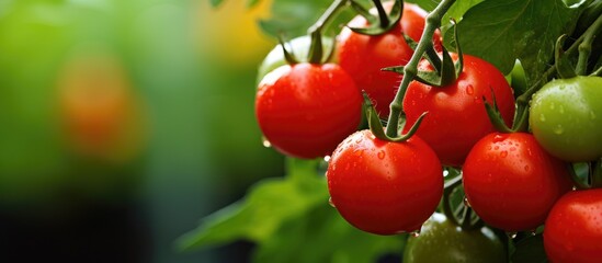 Obraz premium Close up image of red and green organic tomatoes on a lush green branch, highlighting self-cultivation, with copy space image available