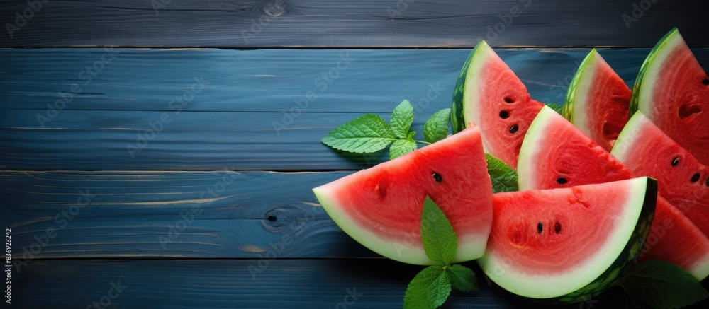 Poster watermelon slices and mint leaves displayed on a rustic blue wooden table, perfect as a background o