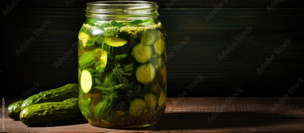 Poster jar of pickled homemade cucumbers. making and canning process captured in copy space image.
