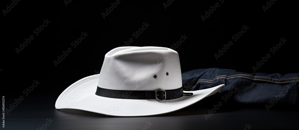 Poster a white hat and jeans are displayed in a casual fashion, set against a blank background with potenti