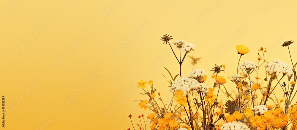 Poster wild flowers on a yellow background in a vertical banner with copy space image.