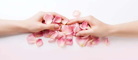 A stylish skin care concept displayed with two female hands showing smooth skin against a white background adorned with pink rosebuds for copy space image.