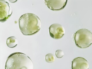 background green spheres of oil floating in the air, oil bubbles against a white background