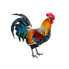 Fototapeta premium A Colorful Free-Range Male Rooster Struts Proudly, His Plumage A Riot Of Hues Against The Blank Canvas