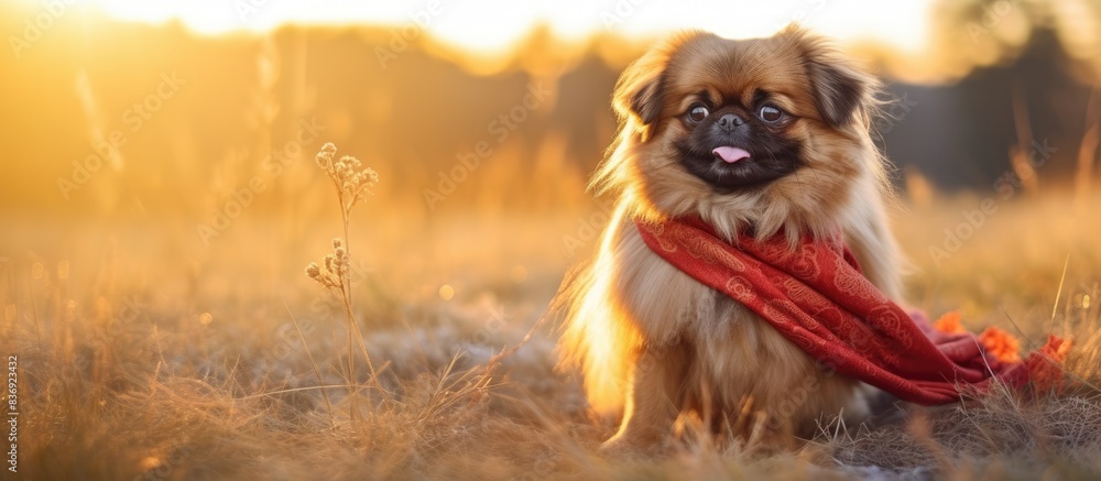 Poster a stylish pekingese dog with a red light coat and copy space image of a silk scarf is sitting in a f