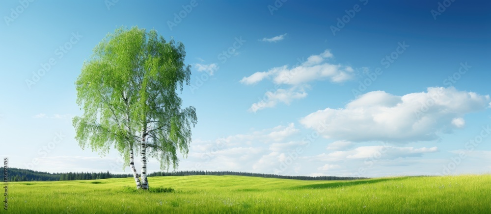 Poster a serene summer landscape showing a solitary birch tree against a scenic backdrop with vast copy spa