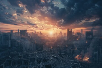 Fototapeta premium The dramatic and eerie apocalyptic urban sunset skyline in a dystopian cityscape with ruined skyscrapers and abandoned buildings