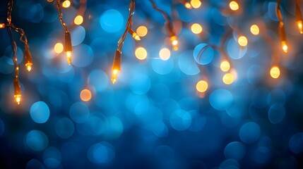 Gleaming string lights hanging against blue background with bokeh effect.