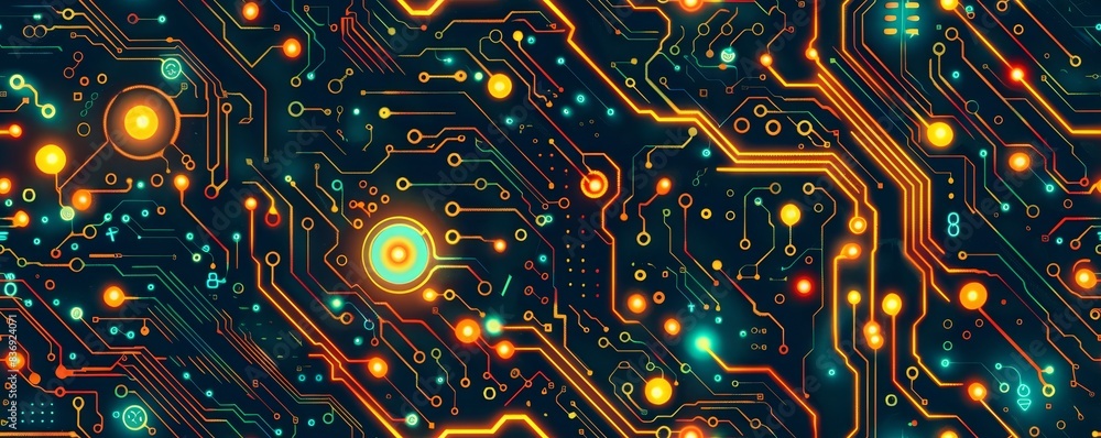 Poster close-up digital circuit board pattern with luminous pathways, abstract design concept depicting fut