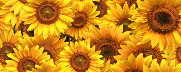 Bright and vibrant close-up of sunflowers in full bloom, showcasing their beautiful yellow petals and intricate centers.