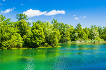 Beautiful green Mreznica river in Belavici village in Croatia, natural landscape