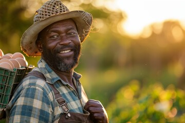 Fototapeta premium Happy farmer holding egg basket during golden hour, symbolizing sustainable farming