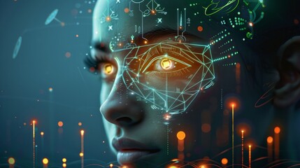 A digital depiction of a human face integrated with futuristic AI and technological elements, glowing orange eyes.