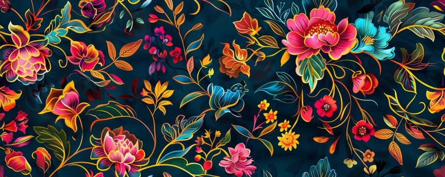 Colorful floral pattern with vibrant flowers and leaves on a dark background, perfect for textiles, wallpapers, and decorative designs.
