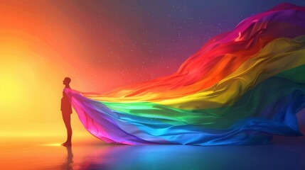 A person standing tall with a rainbow cape flowing behind them symbolizing pride and freedom of expression