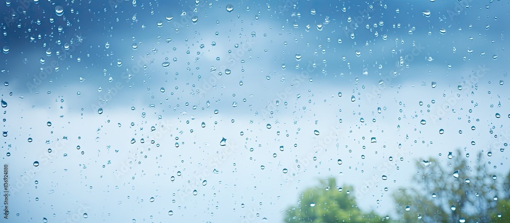 Poster spring rainy day with raindrops on window and a blue cloudy sky in the background, perfect for a cop
