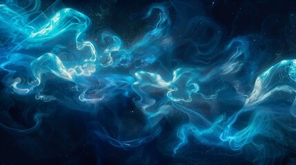 Abstract composition of bioluminescent plankton swirling in the ocean depths, creating an ethereal, underwater lightshow.