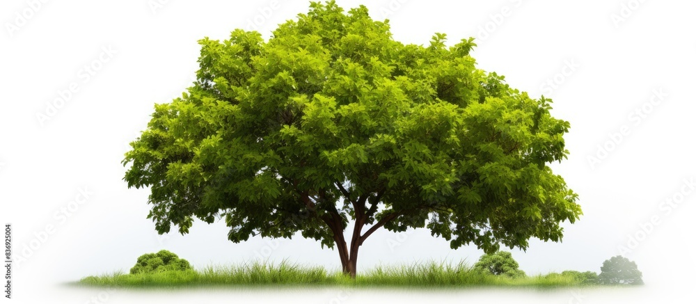 Aufkleber A green tree in a natural setting with a white background, suitable for adding text or images in the blank space.